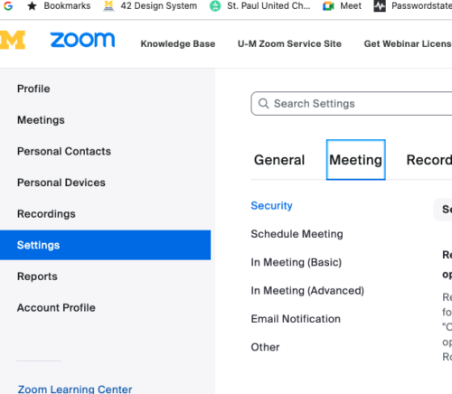 screen capture of Zoom dashboard showing "Settings"  and "Meeting" selected