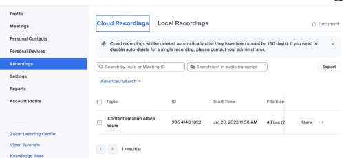Screen capture of Zoom Recordings configuration with cursor focus on "Cloud Recordings above a list of available recordings
