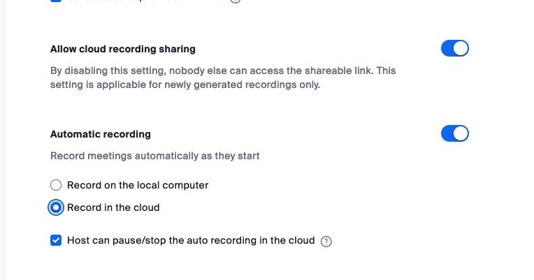 Screen capture of zoom settings dashboard with "Allow cloud recording sharing" enabled and Automatic recording set to "Record in Cloud"